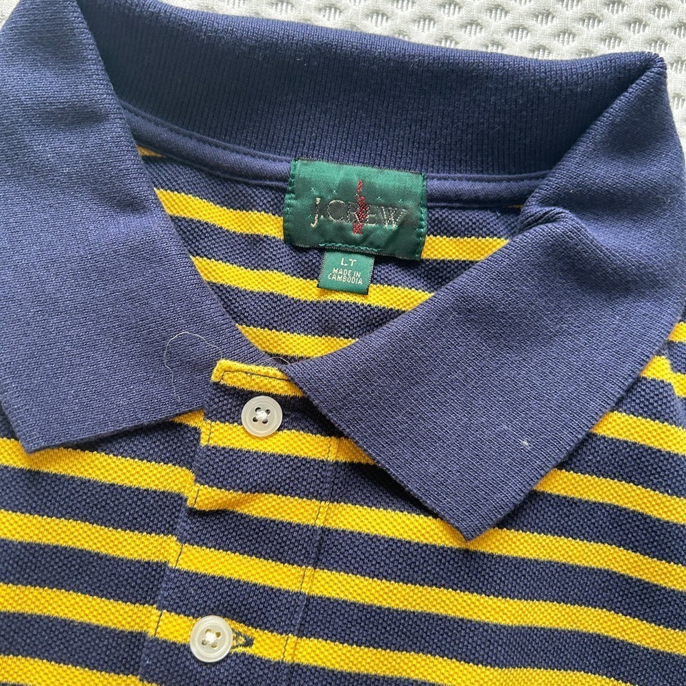 J. Crew Men Classic Pique Polo Shirt L Tall LT Navy Blue Yellow Stripe - Picture 4 of 6